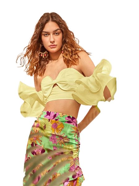 

off shoulder cut-out exaggerated ruffle crop r180#, White