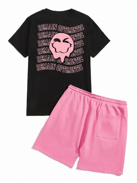 

men slogan & expression print tee & patched pocket shorts v9ya#, Gray