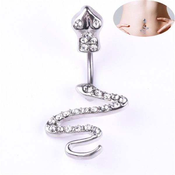 

inlay rhinestone bell button rings snake navel ring 4-color optional stainless steel navel buttons women navels nail zc1102, Silver