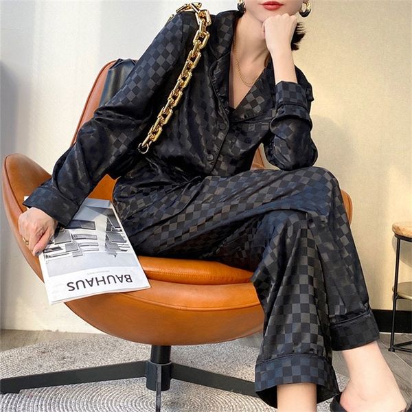 Весна и осень Ice Silk Pajamas Ins Black White Home Одежда может носить снаружи, мода Pajama набор женщин 220329