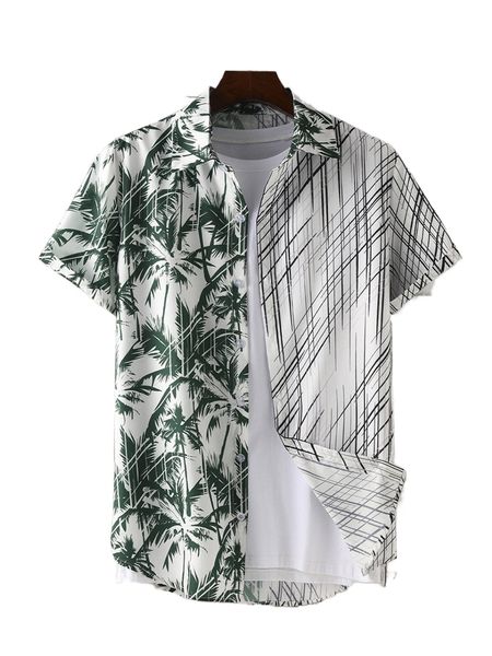 

men 1pc color block tropical print shirt x5tp#, White;black