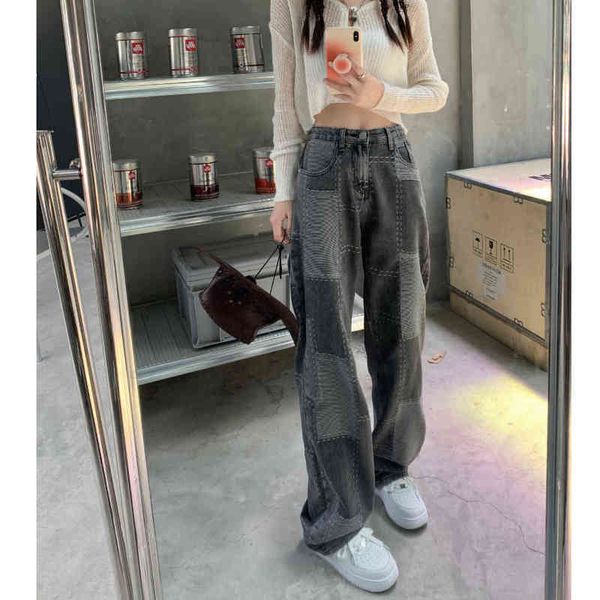 

vintage jeans 2022 spring and autumn high waist loose wide leg pants fashion contrast jeans women's clothing women's jeans t220728, Blue