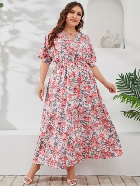

plus allover floral overlap collar dolman sleeve dress d1fo#, Black
