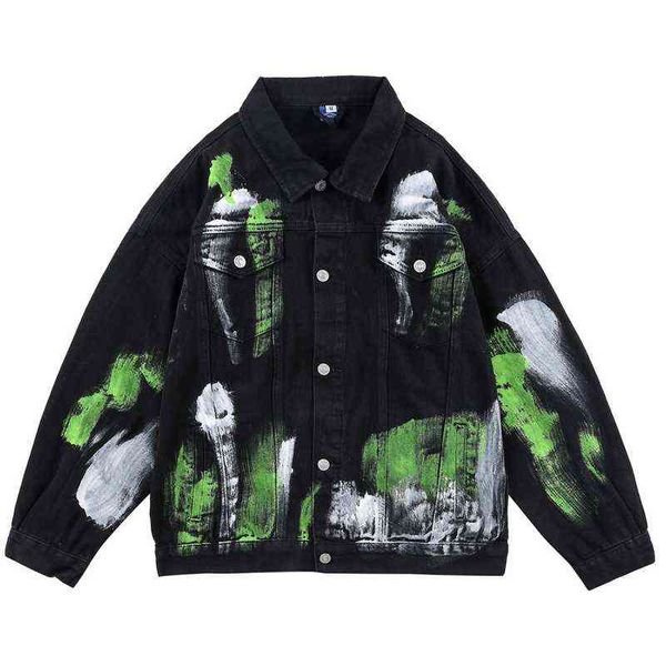 

hip hop denim jacket men paint graffiti streetwear washed cotton japanese varsity motorcycle biker jeans retro goth punk jacket t220728, Black;brown