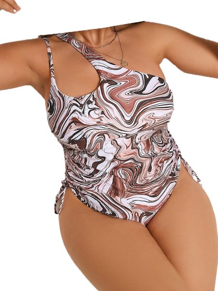 

plus fluid print cut-out drawstring one piece swimsuit x8ie#, White;black