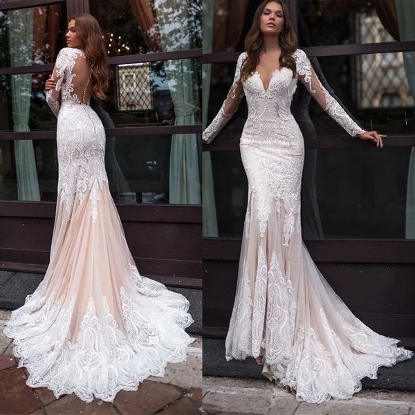 

gorgeous long sleeve lace mermaid wedding dress 2022 illusion tulle bridal gown sheer o-neck, White