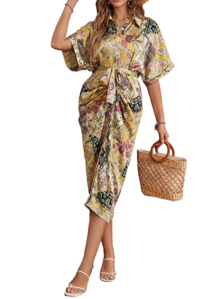 

paisley print batwing sleeve belted satin shirt dress w1x2#, Black;gray