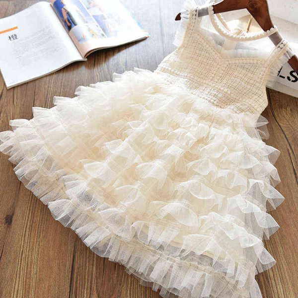 Meninas vestidos de verão sem mangas para crianças bolo de bolo de camadas tule sólido papagaio de princesa, vestido infantil para festas de casamento g220518