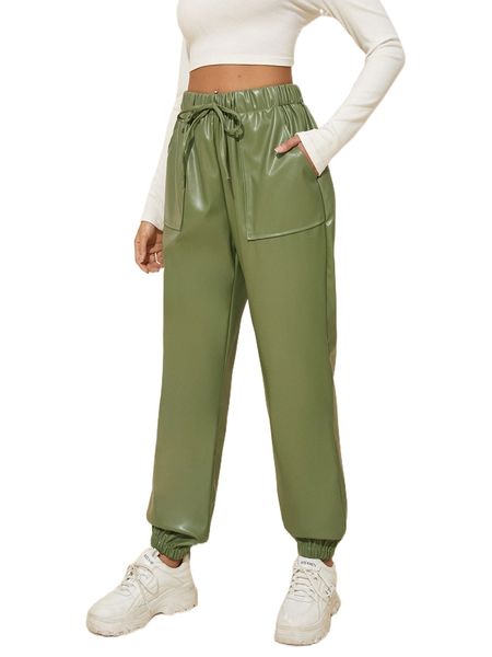 

slant pocket pu leather carrot pants y6hk#, Black;white