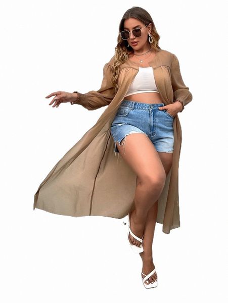 

plus shirred cuff lantern sleeve open front coat 01b8#, Black