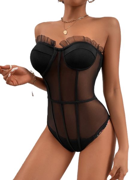 

ruffle trim bustier mesh tube bodysuit y2fg#, White