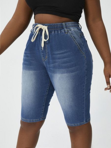 

plus drawstring waist bleach wash bermuda denim shorts n0an#, White;black