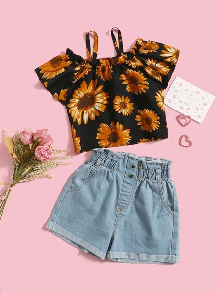 

girls allover floral print frill cold shoulder & paperbag waist shorts she, White