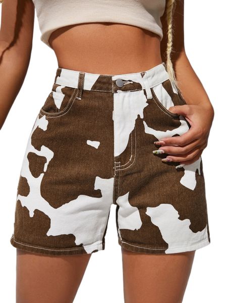 

high waist graphic print denim shorts 79mj#, White;black