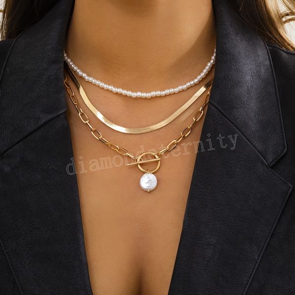 

simulated pearls choker necklace for women multi layer flat blade snake chain pendant necklaces geometric jewelry, Silver