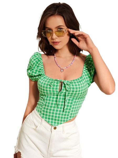 

plaid shirred back knot front puff sleeve bandana hem blouse h5td#, White