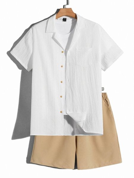 

men patched pocket shirt & drawstring waist shorts without tee o1da#, Gray