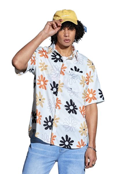 

men allover floral print shirt o9z3#, White;black