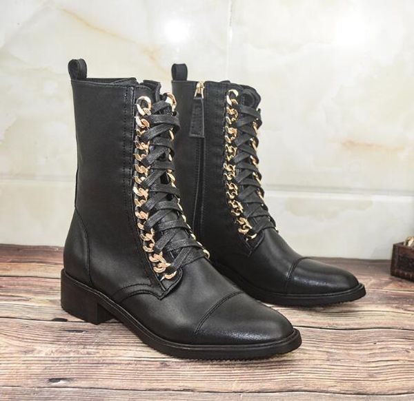 Echtes Leder Schwarz Runde Zehe Kreuz Gebunden Gold Metall Kette Stiefeletten Frauen Freizeit Low Heels High Top Kurze Booties Schuhe