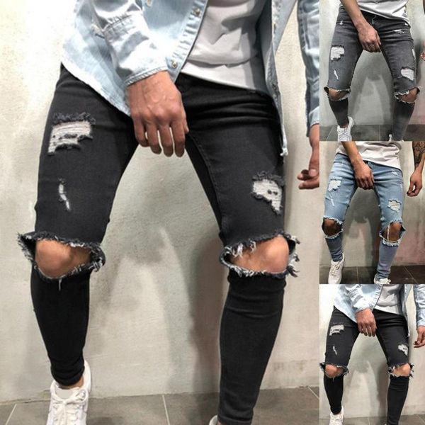 

men's jeans autumn fashion street style men tight leg ragged slim pants streetwear hipster mid waist ripped holes denim pantmen's, Blue