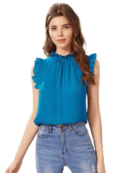 

mock-neck frill trim sleeveless r9rh#, White