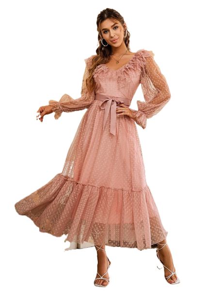 

simplee v neck ruffle trim belted dobby mesh dress n0pf#, Black;gray