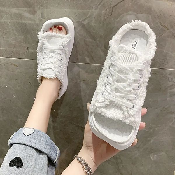 

chunky platform slippers for women designer harajuku square toe canvas shoes gothic punk sneakers summer outdoor lace up flats 0613, Black
