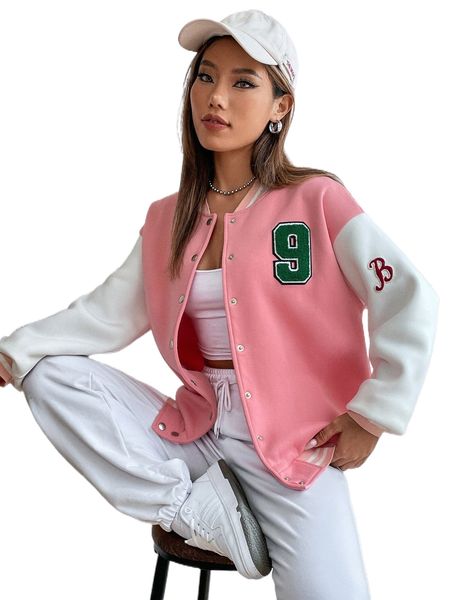 

letter patched detail striped trim drop shoulder bomber jacket 82c6#, Black;brown