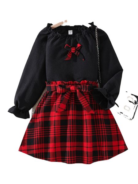 

girls bow front flounce sleeve & plaid print belted skirt 27we#, Black;white