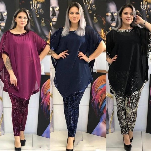 Ruos femininos 2022 Africano Clothes Chiffon Duas peças vestidos para mulheres Dashiki Bat Sleeve Top lantejas de lápis BC324