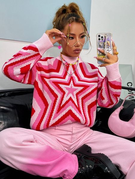 

mock neck star pattern drop shoulder sweater r9g1#, White;black