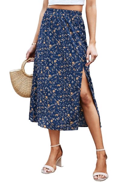 

floral print split thigh skirt c2zw#, Black