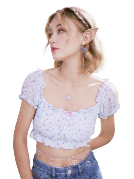 

romwe ditsy floral mesh frill trim b2ou#, White