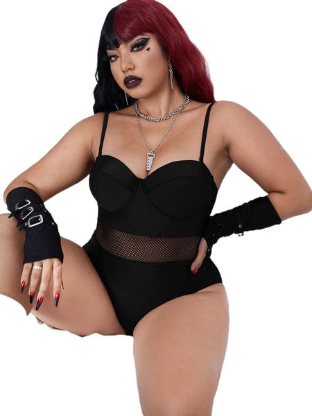 

plus fishnet insert push up one piece swimsuit t4wh#, White;black