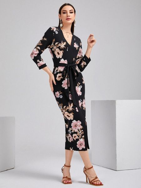 

floral print belted dress w52z#, Black;gray