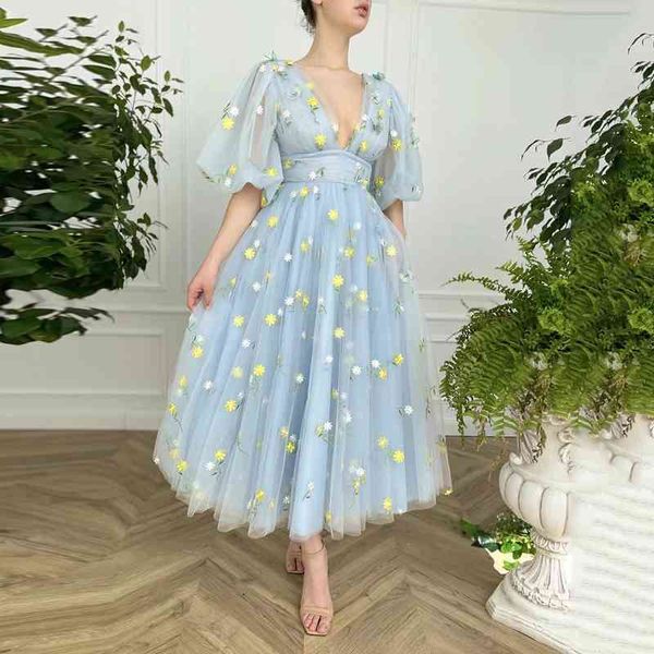 

party dresses deep v-neck blue tulle midi prom half puff sleeves embroidered lace gowns tea-length wedding zniq, White;black
