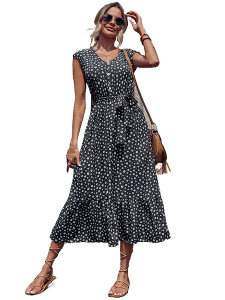 

ditsy floral print ruffle hem belted dress h9ww#, Black;gray