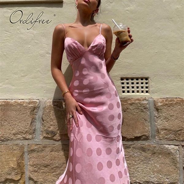 

ordi2021 summer women satin slip dress spaghetti strap pink polka dot party dress 210319, Black;gray