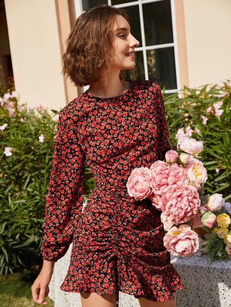 

drawstring ruched hem allover floral dress 87af#, Black;gray