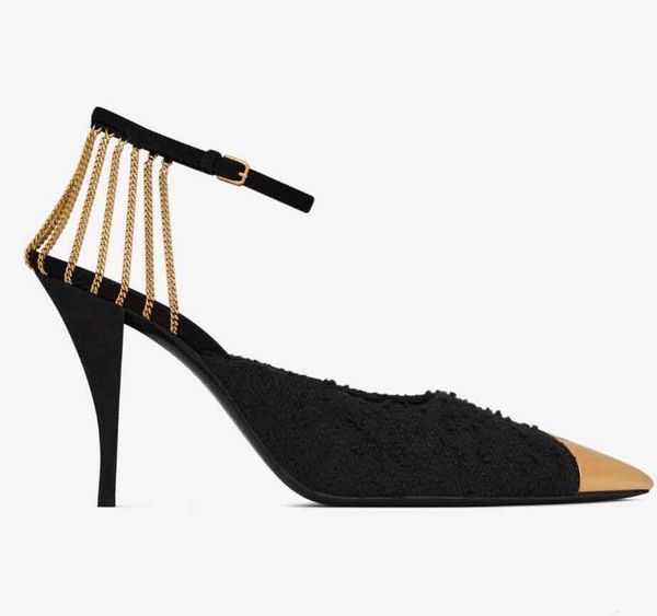 Lüks kadın sandaletler ayakkabı vesper slingback metal zincir pompalar bowle tüvit stiletto topuklu hanımefendi işaretli ayak parti parti elbise düğün