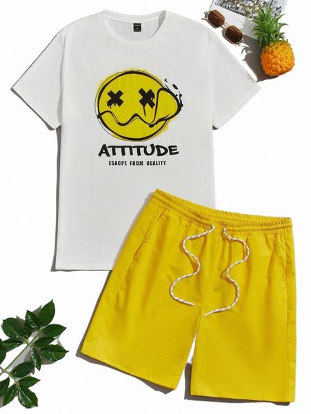 

men cartoon & letter graphic tee & shorts k8s9#, Gray