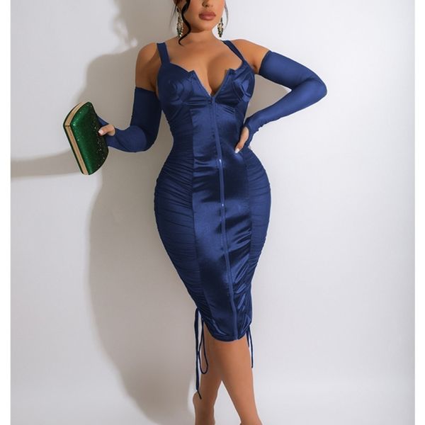 

cm.yaya womem bodycon bandage spaghetti strap zipper fly with oversleeve mesh satin patchwork ruched midi dress party 220516, Black;gray