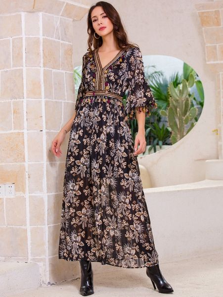 

floral print tassel trim flounce sleeve dress 982x#, Black;gray