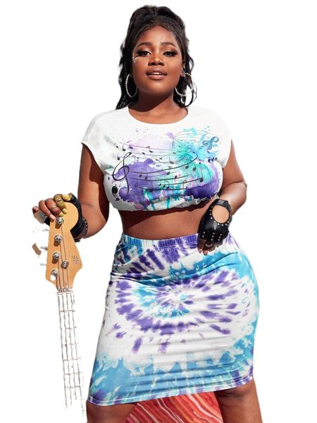 

x agata plus tie dye music note print crop tee & bodycon skirt y0iu#, Black