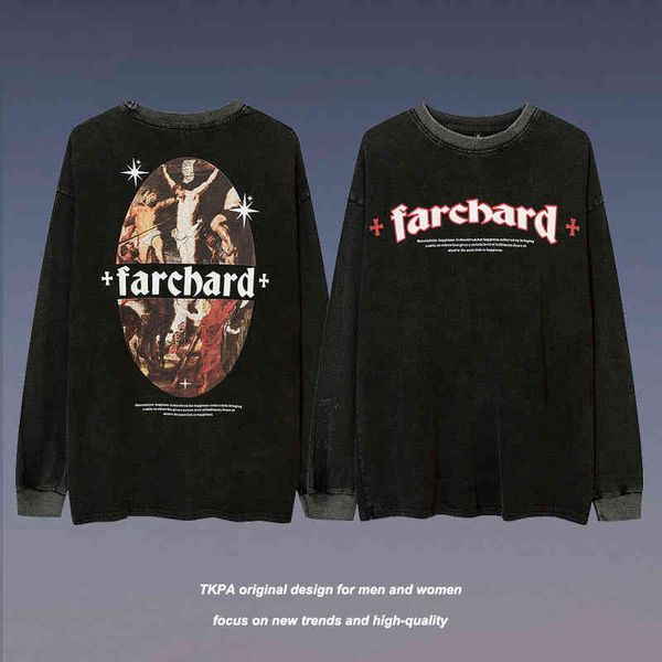 

tkpa meichao high street cross used long sleeve t-shirt hiphop loose lovers hip hop bottomed sweater, Black