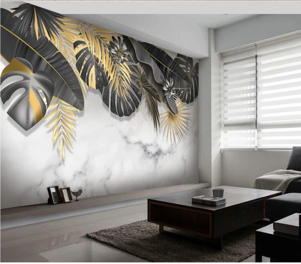 

hand-painted plant leaves marble pattern background wall custom wallpaper 8d waterproof wall covering