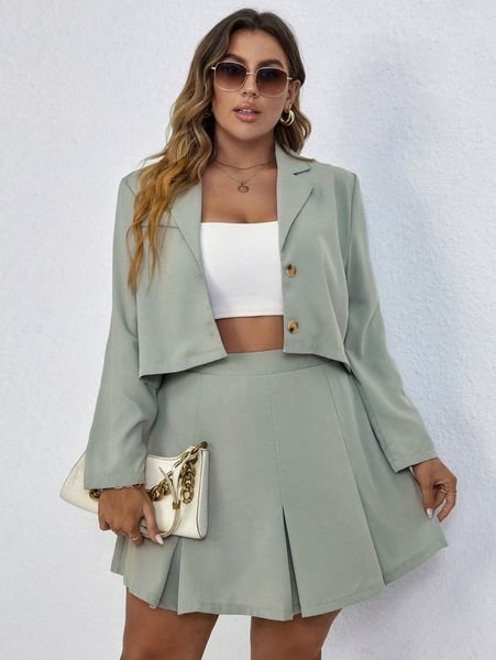 

plus single breasted lapel neck blazer & skirt m8s7#, White;black