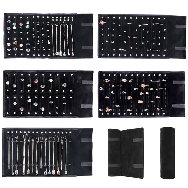 

portable large travel jewelry roll bag pendant necklace bracelet chain storage carrying case watch bangle ring earring organizer 220624, Black;blue