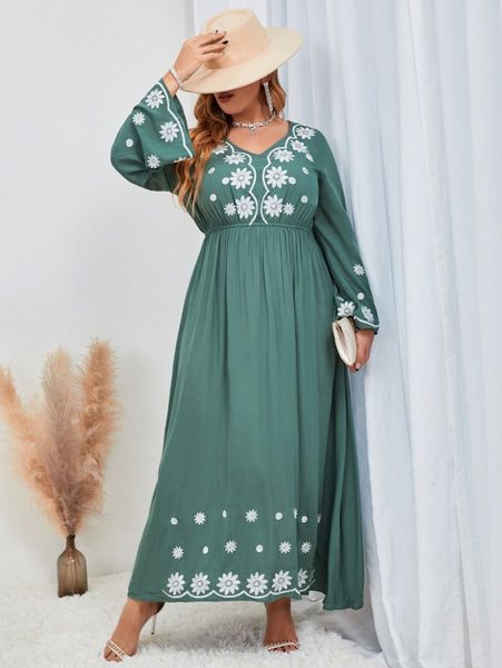 

plus floral embroidery trumpet sleeve dress without belt n7rv#, Black