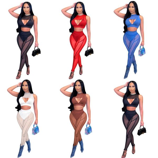 

hollow out tracksuits for womens two piece pants set designer clothing 2022 spring mesh panelling sleeveless trousers perspective outfits, Gray